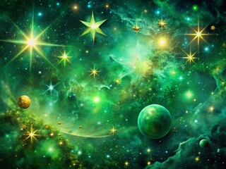 Poster - Surreal Green Night Sky with Glowing Stars - Mystical Cosmic Landscape