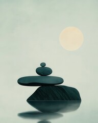 Poster - Tranquil stone stacking art serene water reflection minimalist design calm environment aesthetic perspective