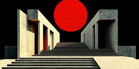 Wall Mural - Imposing concrete staircase leads to a vibrant red sun during twilight, creating a striking contrast