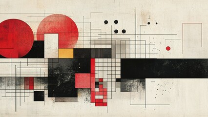 Poster - Modern abstract art featuring geometric shapes in red, black, and yellow colors on a textured background