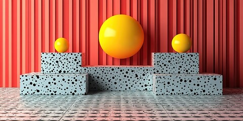 Poster - Modern abstract artwork featuring yellow spheres and speckled blocks against a vibrant red backdrop