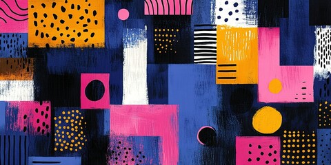 Poster - Colorful abstract art piece featuring bold shapes and patterns on a dark background in a modern style
