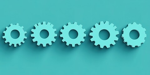 Poster - Gears arranged in a line showcasing a variety of sizes on a teal background representing mechanical design concepts