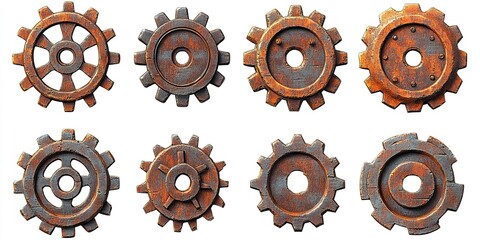 Poster - Collection of vintage metal gears displayed in various shapes and sizes with rusted textures and intricate details