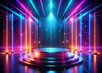 Poster - Surreal Neon Podium: Mesmerizing Double Exposure Backdrop for Multimedia Presentations