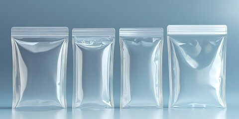 Poster - Clear plastic bags stacked in a row with varying sizes set against a smooth blue background
