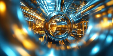 Poster - Intricate network of metallic pipes illuminated by vibrant blue and gold lighting in a modern industrial setting
