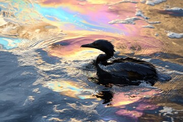 Aufkleber - Oil spill coats ocean surface with rainbow sheen while seabird struggles to stay afloat in distress. Generative AI