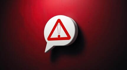 Poster - Warning Sign: Red Exclamation Point Inside Triangle on a White Speech Bubble against a Dark Red Background.