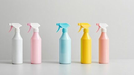 Poster - Set of all-purpose cleaning sprays with colorful labels on a neutral gray background.