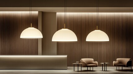 Poster - Soft-glowing, dome-shaped pendant lights arranged symmetrically over a sleek modern space.