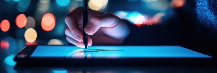 Leinwandbilder - Person designing digital artwork using stylus on tablet at night with colorful lights in the background. Generative AI