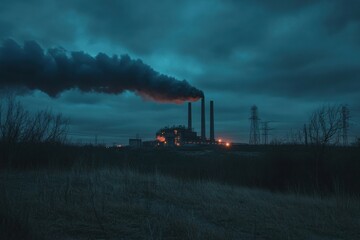 Poster - Smoke billowing from factory stacks against a darkening sky at dusk near an industrial area. Generative AI