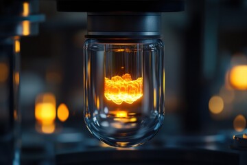 Poster - Transparent gas in laboratory beaker with visible molecular details illuminated by bright light in a research environment. Generative AI