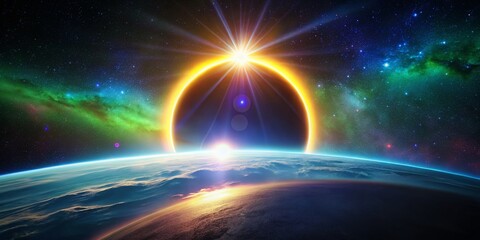 Poster - Tilt-Shift Solar Eclipse: Neon Blazing Star & Planet in Cosmic Dark Sky