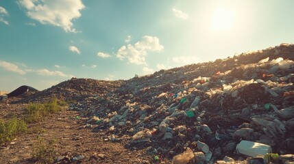 Poster - Mountains of plastic waste accumulate at a landfill under a clear blue sky awaiting environmental solutions. Generative AI