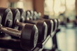 © Ackbara Studio - A row of iron dumbbells in a well-lit gym, with a blurred background highlighting the depth and focus of a dedicated workout session.