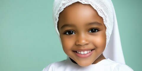 Wall Mural - A cheerful young girl with a radiant smile is dressed in traditional attire and a white headscarf. She exudes innocence and joy against a soft green backdrop