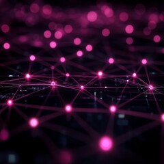 Poster - Abstract Network: Glowing Pink Nodes Connected by Lines on a Dark Background.