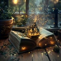 Aufkleber - a magical tale unfolds: sparkling house emerges from an ancient book amidst enchanting twinkling lig
