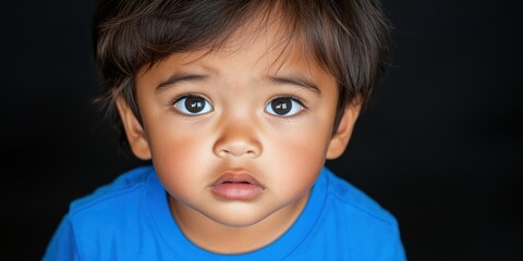 Wall Mural - A young child with dark hair and big, expressive eyes looks curiously at the viewer. He wears a blue shirt and stands out vividly against a black backdrop