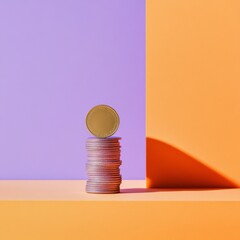 Poster - Coins Stacked on Colorful Background, Gold Coin on Top - Finance, Wealth and Investment Concept
