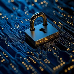 Aufkleber - Cybersecurity: Metallic Padlock on Electronic Circuit Board, Representing Data Security and Digital Protection
