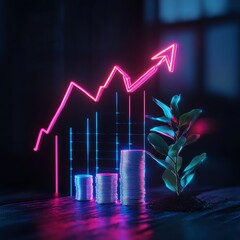 Poster - Financial Growth: A Neon Vision of Prosperity with Sprouting Plant and Rising Coin Stacks.