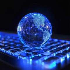 Poster - Global Connection: A Luminous Globe of the Americas on a Keyboard, Illuminated with Blue Technology Lighting