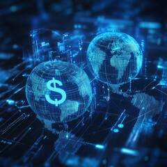 Aufkleber - Global Digital Finance: Interconnected World of Money and Technology in Neon Blue