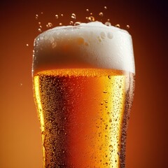 Leinwandbilder - Golden Ale Delight: A Refreshing Pint of Beer with Condensation and Foamy Head in a Glass on a Warm Background