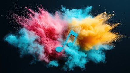 Poster - An artistic representation of colorful powders bursting in the air, integrated with a musical note, symbolizing the harmony between visual art and music.