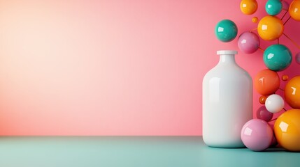 Poster - A minimalist composition featuring a sleek white bottle, complemented by colorful spheres in shades of turquoise, orange, and pink, set against a soft pink background.