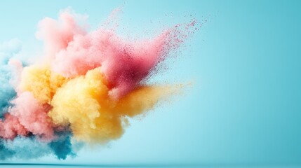 Poster - This stunning image captures a vibrant explosion of colored powder, including pink, yellow, and blue, creating a mesmerizing visual against a serene blue background.