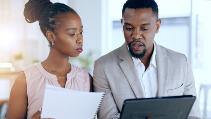 Poster - Business people, teamwork and tablet documents with tablet for financial management, planning and data comparison. Professional african manager and woman talking with digital technology and paperwork