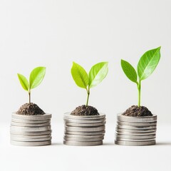 Poster - Investment Growth: Seedlings Emerge from Coin Stacks, Symbolizing Financial Growth and Prosperity with a Clean Background