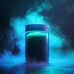 Poster - Mysterious Jar in Teal Fog: A Container Filled with Secrets Under Enigmatic, Moody Lighting