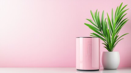 Poster - A visually appealing pink-themed setting featuring a sleek trash can and a vibrant potted plant, perfectly representing modern interior decoration aesthetics.