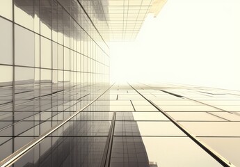 Poster - Modern Urban Architecture with Reflective Glass Facades Captured from a Low Angle Perspective Against a Bright Sky
