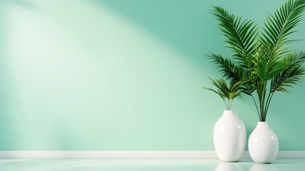 Poster - this image showcases two vibrant indoor plants displayed in elegant white vases against a soft mint 
