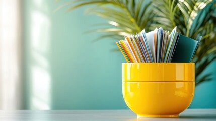 Poster - A bright yellow pot overflowing with colorful papers captures the essence of creativity and organization, inspiring thoughts and ideas in a cheerful environment.