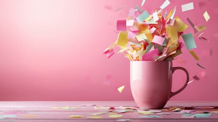 Poster - An inviting scene where a pink cup overflows with colorful snippets, radiating cheerfulness and a sense of creativity, perfect for representing ideas and inspiration.