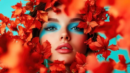 Poster - A striking and intimate close-up of a model's face surrounded by a burst of colorful flowers, visually portraying the harmony between beauty and nature in an artistic way.