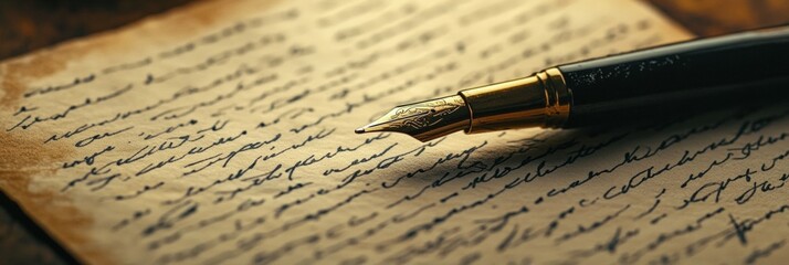 Poster - Elegant fountain pen resting on vintage, handwritten letter with intricate script in warm, soft lighting. Generative AI