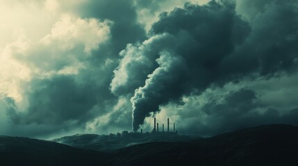 Poster - Dark clouds and smoke rise from industrial structures near mountains under an overcast sky during late afternoon. Generative AI