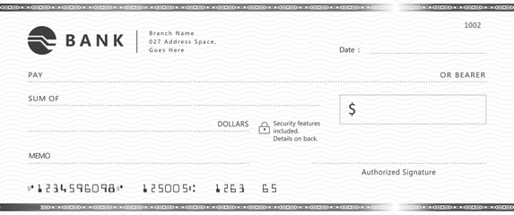 Wall Mural - blank bank check, checkbook cheque template with blue guilloche, vector mockup. money payment bank c