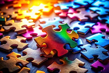 Wall Mural - Vibrant Jigsaw Puzzle Pieces Silhouette Close-up - One Piece Stands Out