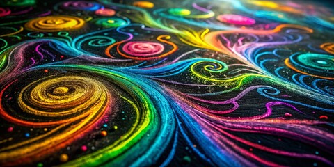 Poster - Vibrant Neon Chalk Swirls on Dark Blackboard - Abstract Texture Stock Photo