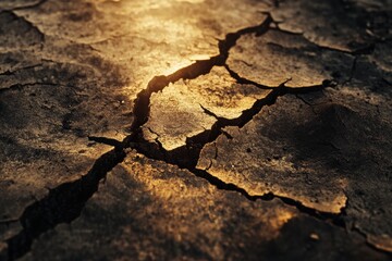 Poster - Dry cracked earth emits warm sunlight during a drought in a barren landscape at twilight. Generative AI