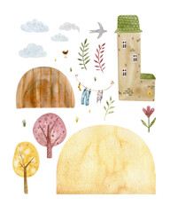 watercolor clipart set with a cozy house, trees, hills, clouds, stars, and a crescent moon. whimsica